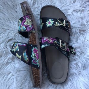 Madden Girl Buckle Slides Two Straps Floral Gold
